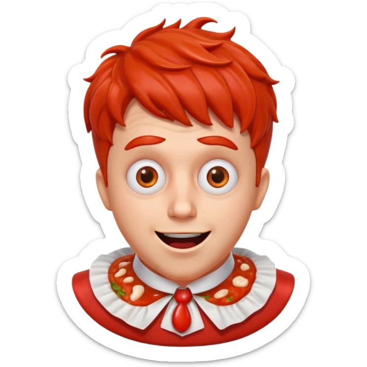funny theater actor portrait, head and shoulders only, covered in tomato sauce, shocked wide eyes, awkward smile, stage costume collar, 3D cartoon, mobile game icon style, clean background, no text, no watermark
 sticker