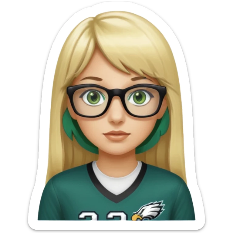 long blonde hair with bangs black rectangle glasses female green eyes football player wearing eagles jersey number 33 sticker