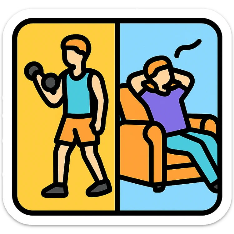 a picture devided into two parts, the first part shows a sportsman doing his workout, the second show a sportsman being lazy sticker