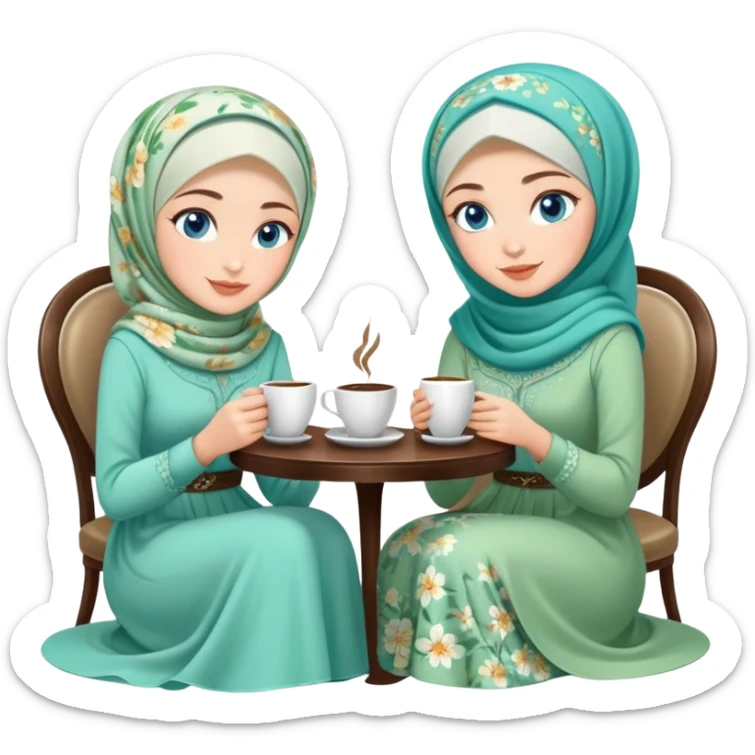 Turkish beautiful finish Konya girls blue eyes with Beautiful light green floral hijab long tail dress and the two friends in a white lovely coffeehouse sits on the chair on the ground and holds cup coffe with her hand  sticker