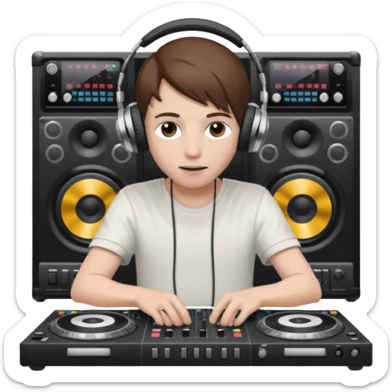 White skin dj mixing with dj booth, headphone on head, no cap, not bald, brown hair  sticker