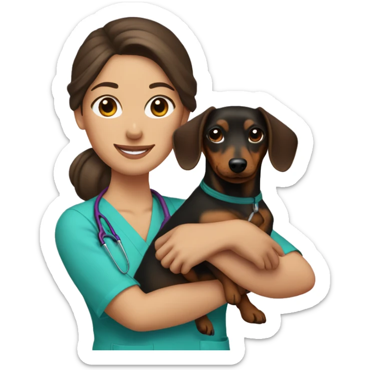 Brunette woman with a top knot wearing scrubs holding a dachshund sticker