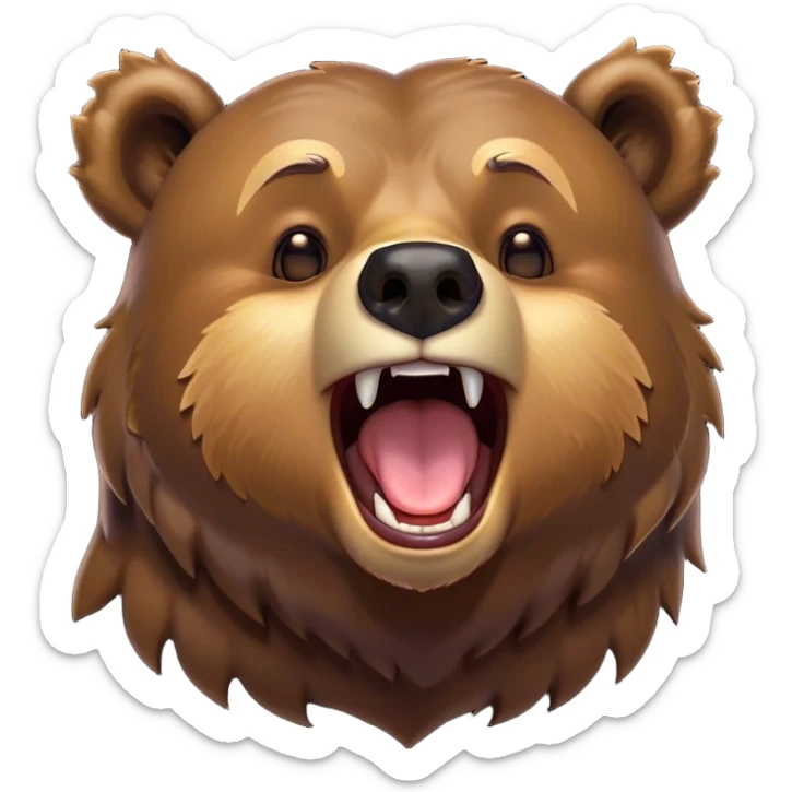Cinematic Cute Yawning Grizzly Bear Portrait Emoji, Head tilted slightly with a dramatic, wide-open yawn, showcasing a thick, rugged deep brown fur with drooping ears, round eyes barely open in drowsy contentment, Simplified yet irresistibly adorable features, highly detailed, glowing with a soft, cozy glow, high shine, relaxed yet expressive, stylized with a touch of wild whimsy, bright and endearing, soft glowing outline, capturing the essence of a sleepy yet affectionate grizzly, so drowsy it feels like it could stretch out of the screen and curl up for a nap! sticker