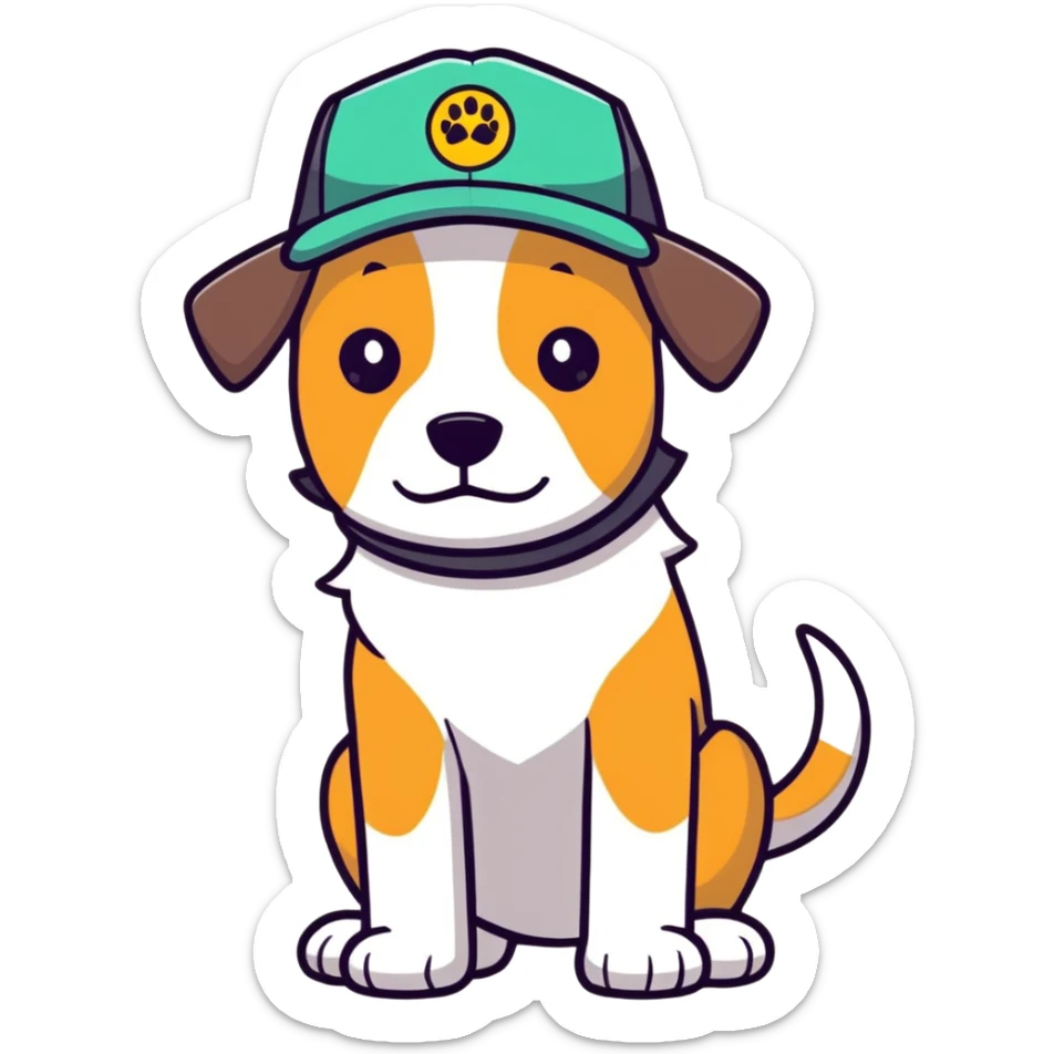 My dog Frankie wearing a trucker hat with  triangle fit clinic logo sticker