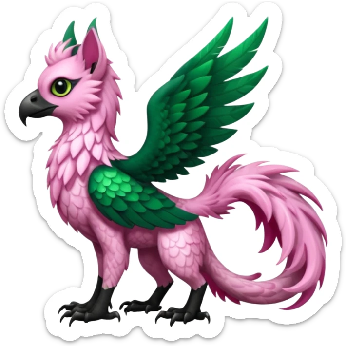 Emerald-green gryphon-Trico-fusion-hybrid with a long tufted tail, black beak, pink swirly pattern markings, black claws, black tail, majestic, realistic, furry (full body) sticker