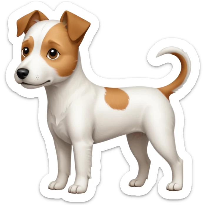 a full body white parson russell looking dog the size of a kelpie with light brown ears and a light brown patch on one eye and a large snout sticker