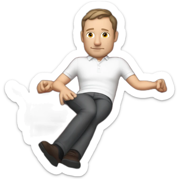 tim robinson very tired laying down on a red couch in a long sleeve white polo shirt, chest up clean shaven, laying flat across couch, arms at side sticker