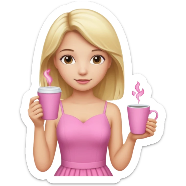 Niña con pelo rubio con un vestido rosa y una taza rosa sticker