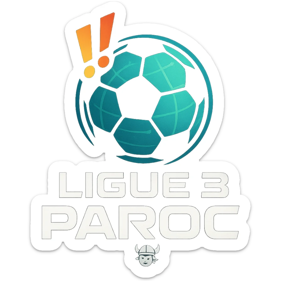 Le logo présente un ballon de football moderne, stylisé en forme de globe digital . Deux points d’exclamation "!!" dynamiques, en biais et colorés, sont placés en haut à gauche du ballon comme un emblème, évoquant l’intensité et l’enthousiasme de la ligue.

En dessous, le nom "Ligue 3 Paroc" est écrit en lettres audacieuses, avec une typographie sportive mais légèrement futuriste. Le mot "Paroc" est accompagné de son emblème discret (viking enfant) sticker