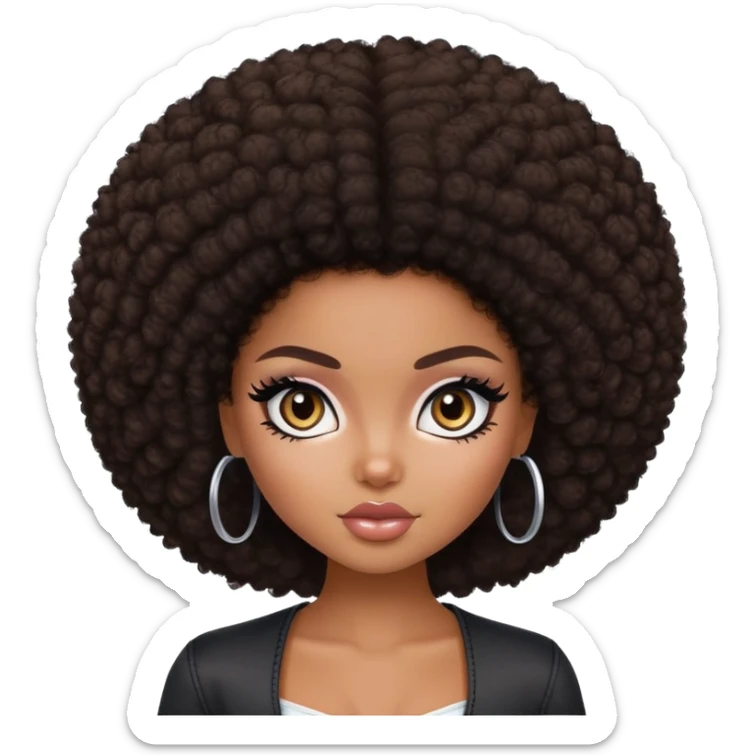 pretty bratz girl, dark brown afro, dark brown eyes, black eyeliner, deep brown skin sticker