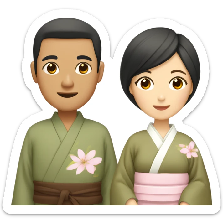 asian couple in kimono - man wearing plain olive green with brown outside and beige fabric belt, woman wearing light pink with pastel florals sticker