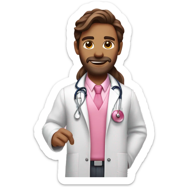 Long brown hair doctor in pink undershirt white coat over pink stethoscope  sticker