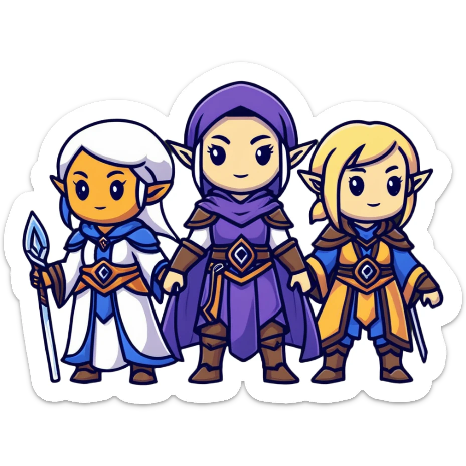 Lineage 2 female characters with Human mystic, Elven ranger, female Dwarf artisan, and Dark Elf sorceress sticker