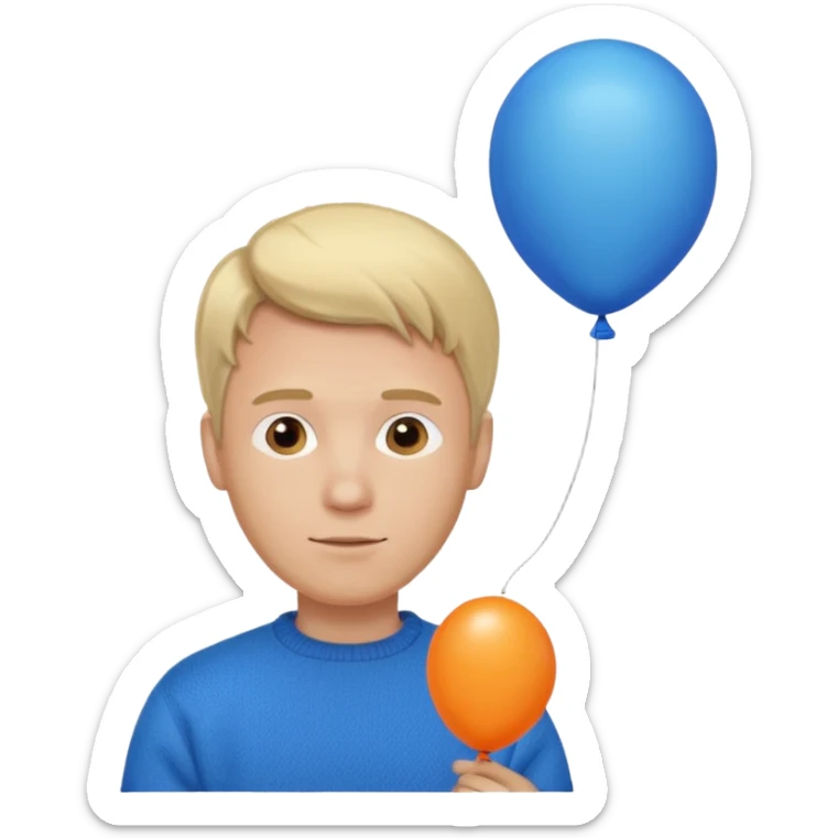 white skin, blonde hair man, orange sweater, hold blue balloon sticker