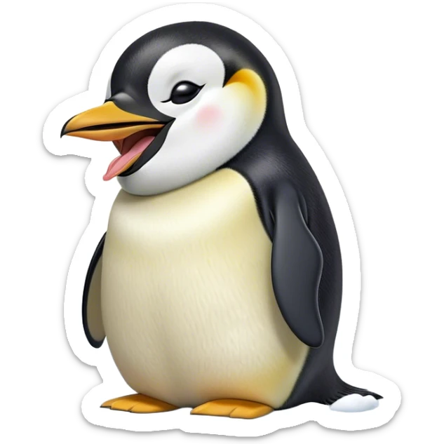 Cinematic Cute Yawning Emperor Penguin Portrait Emoji, Head tilted slightly with a dramatic, wide-open yawn, showcasing smooth, downy feathers with a striking contrast and sleepy, half-closed eyes, Simplified yet irresistibly adorable features, highly detailed, glowing with a soft, cozy polar glow, high shine, relaxed yet expressive, stylized with a touch of whimsical charm, soft glowing outline, capturing the essence of a drowsy yet affectionate arctic guardian that seems ready to stretch out and nap! sticker