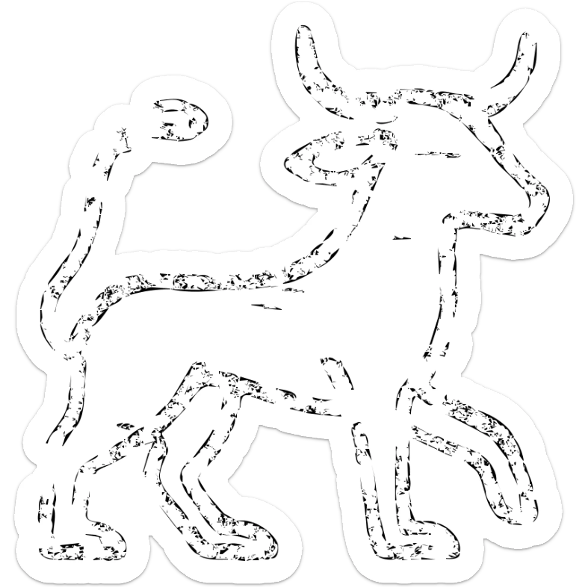 a highly abstract red icon of stoat-minotaur fusion with extensive scratches and deliberate wear, very minimal with most lines broken, incomplete outlines with numerous missing sections, extremely weathered and damaged appearance, ancient and worn look with multiple scrapes and faded areas sticker