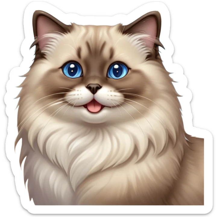 Cinematic Adorable Fluffy Brown Seal Ragdoll Cat Portrait Emoji, Head tilted cutely with big, sparkling blue eyes, soft brown seal-colored fur with darker points on the ears, face, and paws, Simplified yet irresistibly adorable features, highly detailed, glowing with a soft, warm glow, high shine, yawning in a peaceful and playful manner, stylized with a touch of whimsy, bright and endearing, soft glowing outline, capturing the essence of a relaxed and loving kitten, so cute it feels like it could leap out of the screen and stretch into a cozy nap! sticker