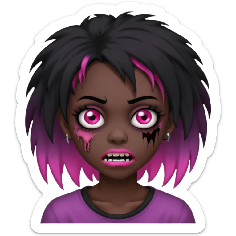 girl, zombie, black coily hair, medium long, emo, shaggy, dark, spooky, piercing on eyebrow, pink teeth, creepy blank expression sticker