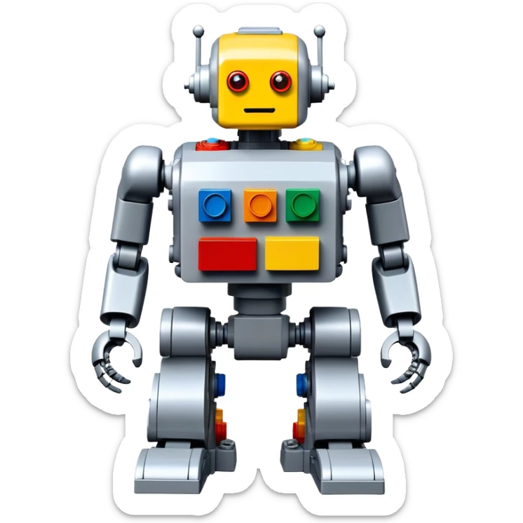 A big photorealistic icon featuring a detailed robot figure built from LEGO bricks, with intricate parts and colorful pieces. The design includes the LEGO logo subtly visible, with a focus on the craftsmanship and creativity of the build. Transparent background. sticker