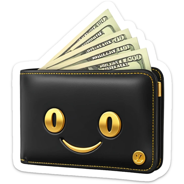 Rich emoji style black leather wallet with dollar bills, luxury money vibe, premium 3D emoji, ultra clean, high detail, no background
 sticker