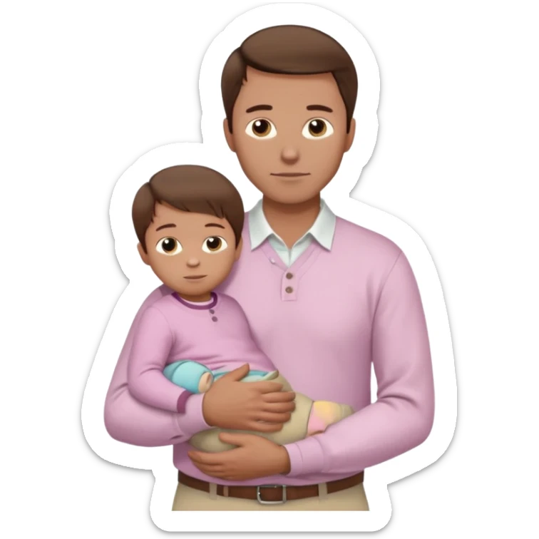 A father with neatly combed chestnut-brown hair, wearing a white button-up shirt and light khaki pants, holding his child close. The child has silky dark hair and a pale pink sweater. Bright natural light, clean and gentle mood. sticker