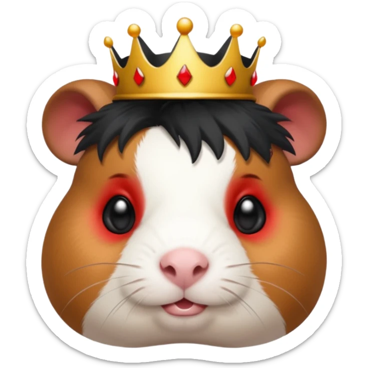 evil guinea pig with black and white fur, red eyes, wearing a black crown, emoji style sticker