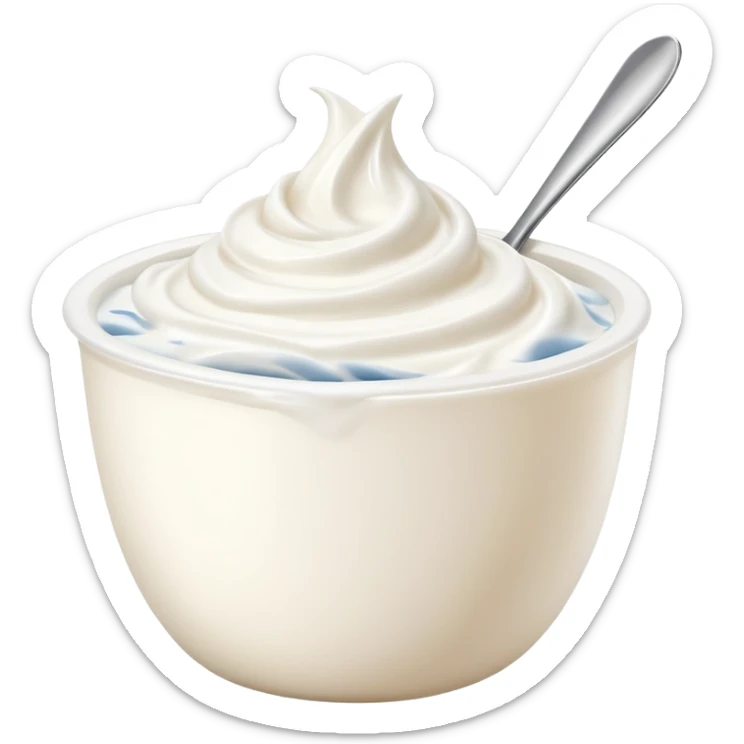 open plain white cup of Greek yogurt, thick creamy with gentle swirls and peaks, rich dense texture, slightly matte with natural sheen, no branding or garnish, soft lighting, emoji scale sticker