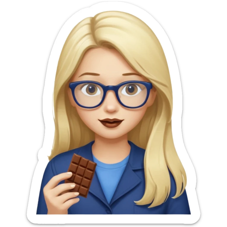 Blonde long haired girl with navy blue framed glasses eating chocolate with blonde eyebrows sticker
