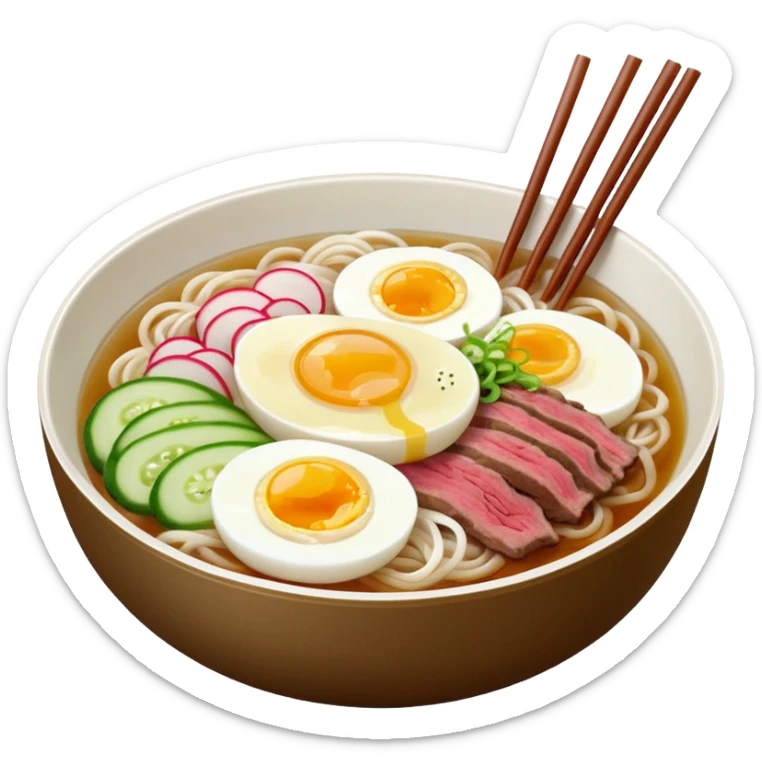 Korean cold noodles naengmyeon in a bowl with clear broth sliced egg beef cucumber and radish sticker