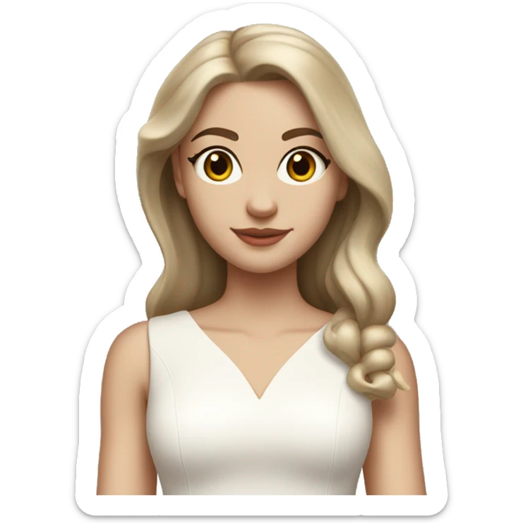 Thin pale white college graduate with light brown hair in a dainty white knee length dress with white pearls on shoulders  sticker