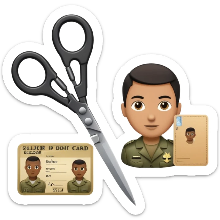 Floating black Scissors cutting an idf soldier ID card in 2 parts .hyper realistic sticker