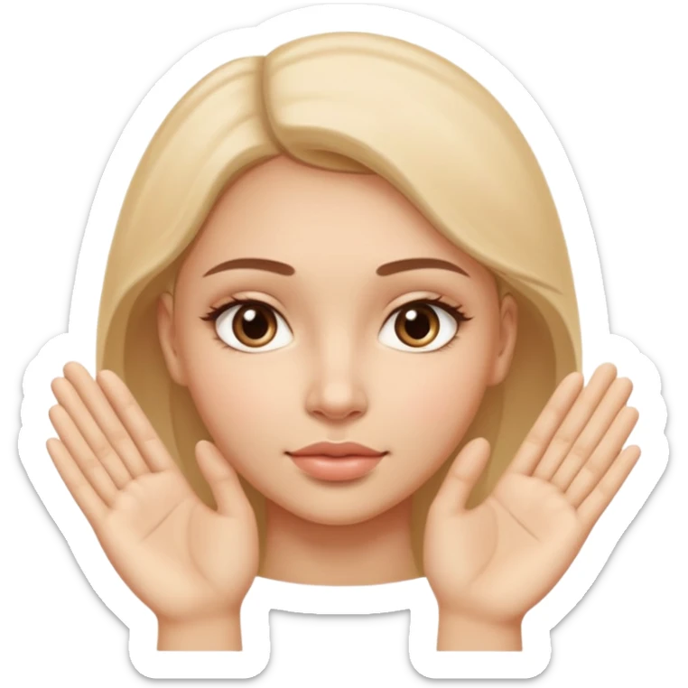 Simple wellness-style emoji of a face with a hand gently pressing and guiding facial fullness downward and outward, showing reduced face fat and puffiness, clear slimming effect on cheeks, natural and healthy look, no makeup sticker