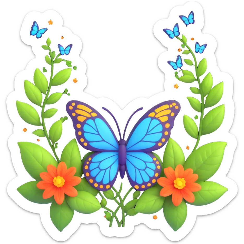 Add glowing leaves among the flowers and around the butterfly, maintaining the magical, 3D cartoon, digital fantasy art style. Keep the transparent background and all existing effects including flowers, glowing outlines, sparkling accents, magical particles, and elegant wings. sticker