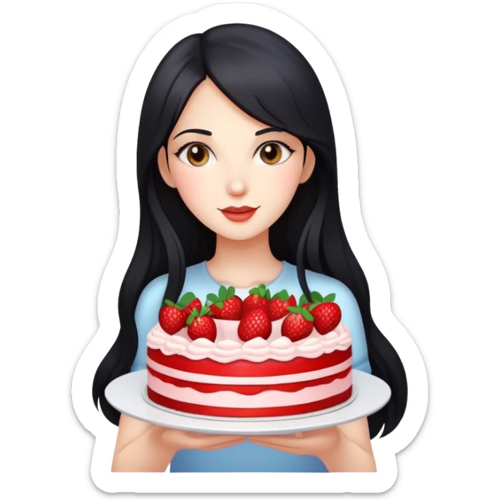 Beautiful girl with long black hair holding a strawberry cake sticker