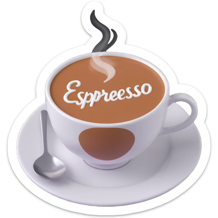 A cup of coffee with the word “Espresso” written on the foam, close-up, warm lighting, simple background sticker