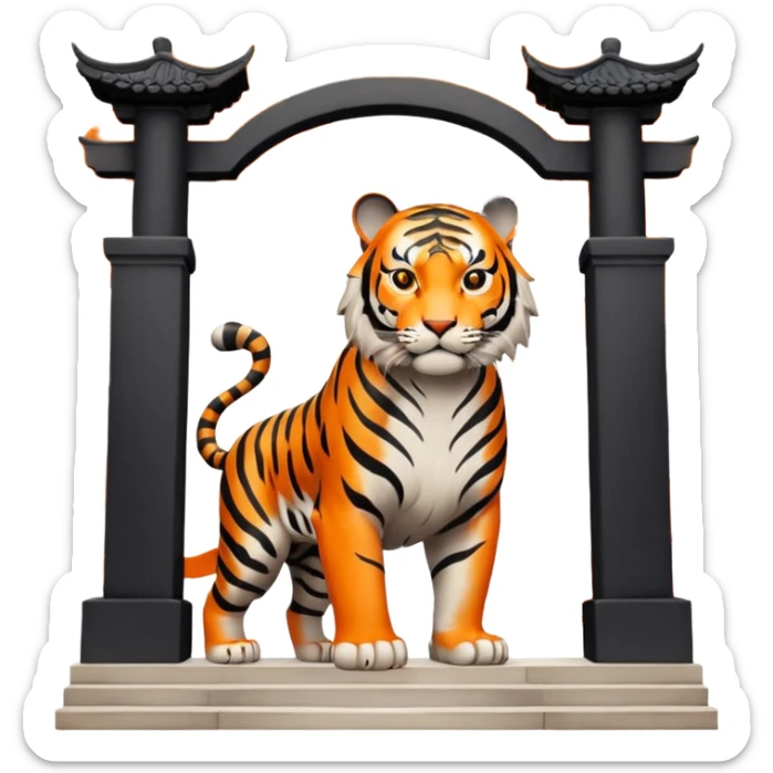 Traditional Chinese ink painting style emoji. A powerful tiger (like the ancient character 虎), standing guard in front of mystical gates (門). Energy swirls around him like a vortex (🌀). Minimalist, transparent background, 512x512 pixels. sticker