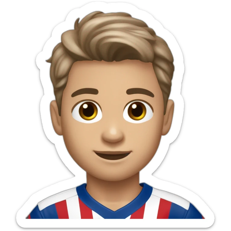 Niño blanco de 6 años, pelo castaño liso y corto, ojos marrones  con camiseta del Atlético de Madrid sticker