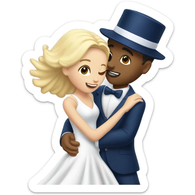 Puerto rican beard short hair with blue hat and navy blue suit first dance with blond long hair girl with white  wedding dress  sticker
