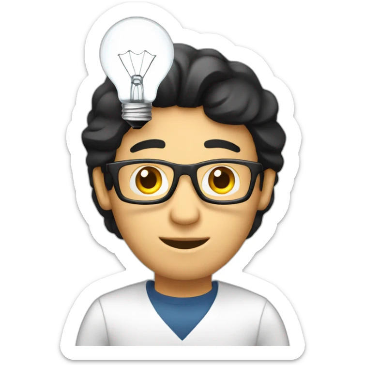 A white man with black hair working on a laptop with a lightbulb above his head sticker