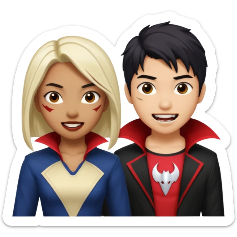Solo poly platonic relationship, one is south African girl, one is Asian boy, one is biracial features Asian tomboy girl, vampire and marvel cosplay elements inspired. sticker