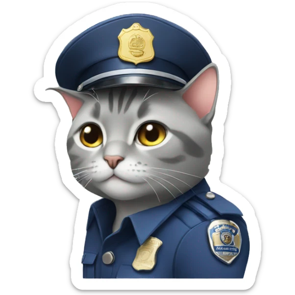 Grey cat with a police hat and a Tokyo police badge sticker