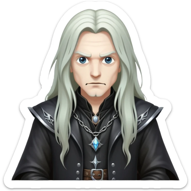 wizard with long hair, heavy metal aesthetic, leather clothes, dark magic sticker