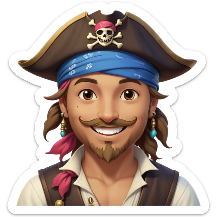 Clash of Clans aesthetic Playful Pirate Portrait Emoji, Head tilted with a roguish, cheeky grin and twinkling eyes, featuring a compact, spirited build with a jaunty hat and a quirky bandana, his natural skin tone evident, Simplified yet irresistibly charming features, highly detailed, glowing with a warm, inviting oceanic glow, high shine, spirited and lively, stylized with an air of whimsical maritime mischief, soft glowing outline, capturing the essence of a playful pirate exuding friendly rogue charm! sticker
