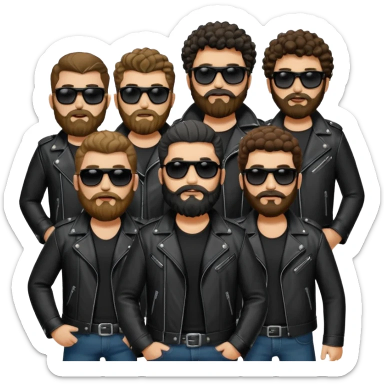 biker gang with black sunglass and rugged and bulky guy bearded curly hair black jacket sticker