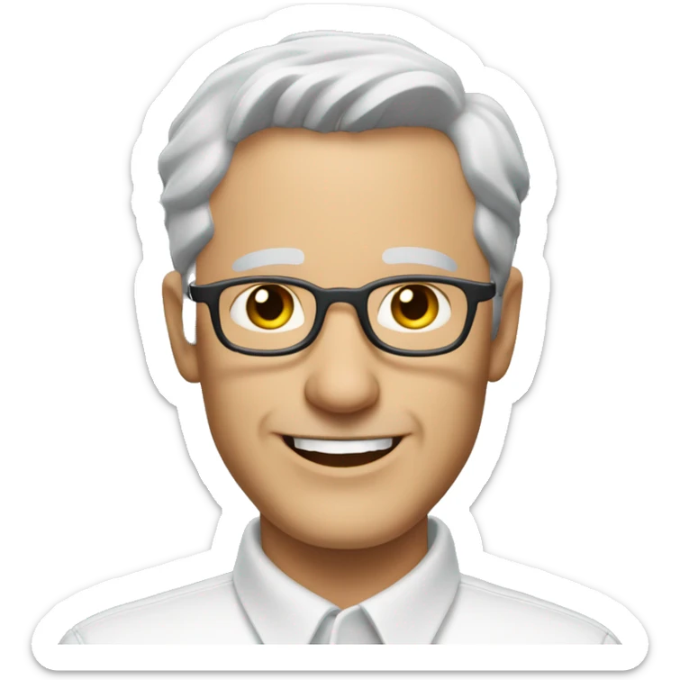 Middle-aged Caucasian man with short gray hair and glasses, wearing a white collared shirt and smiling sticker