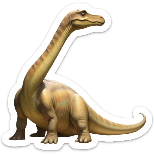 Beautiful and Majestic Brachiosaurus Portrait Emoji, Head and body resting in serene repose with a gentle, confident expression, showcasing its monumental, elongated neck and a small, refined head with tranquil eyes, Simplified yet exquisitely endearing features, highly detailed, glowing with a soft, drowsy golden light, high shine, relaxed and utterly majestic, stylized with an air of timeless prehistoric splendor, soft glowing outline, capturing the essence of a beautiful and majestic Brachiosaurus that feels destined to become the next viral icon of awe-inspiring ancient beauty! sticker