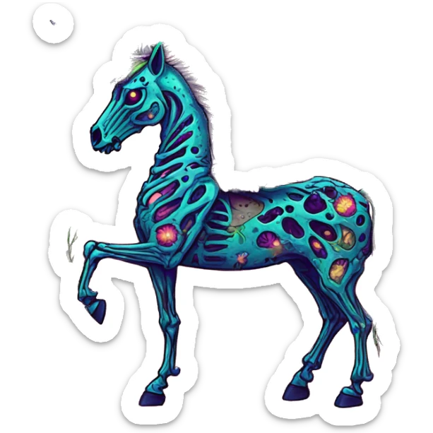 Neon Zombie Pegasus unicorn skeleton psychedelic flowers floral groovy art neon rave raving sticker