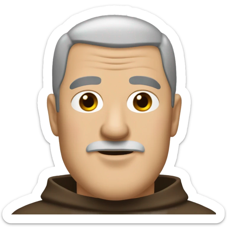 A middle-aged white male friar, sporting a grizzled look, with buzz-cut black hair and a pronounced square jaw. sticker