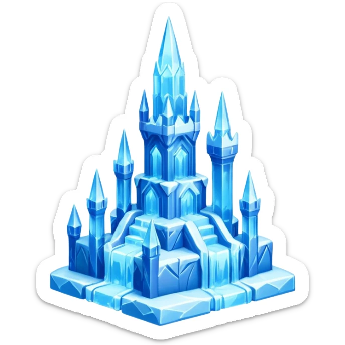 ice palace object icon, crystal ice palace, tall icy towers, transparent blue ice walls, sparkling details, soft glow, 3D cartoon, mobile game icon style, centered, clean background, soft shadow, no text, no watermark



 sticker