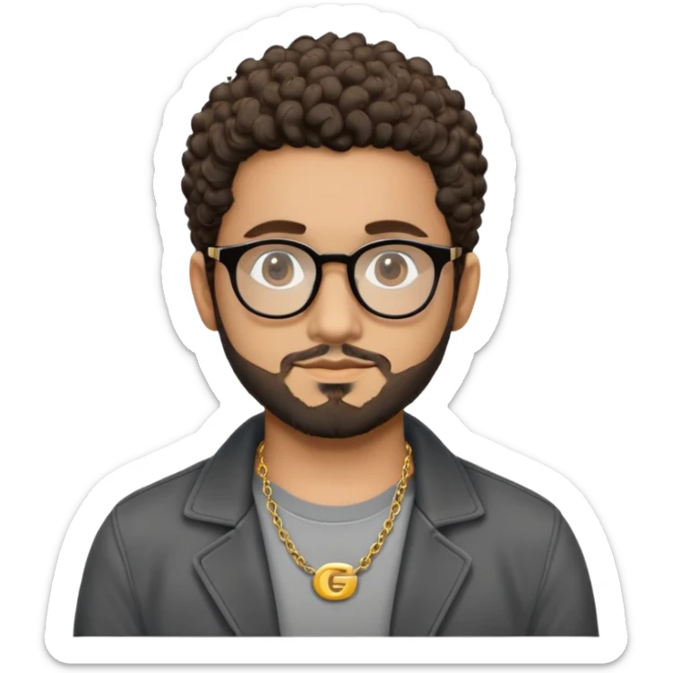 Hombre latino piel marron claro, cara estirada ovalada, gafas redondas oscuras, barba corta, pelo corto a los lados   rizado. Sonrisa leve, expresión tranquila. Camiseta gris, jacket negro abierto, collar G dorado sticker